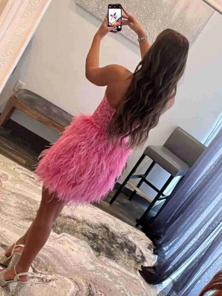 Strapless Beaded Burgundy/Pink/Black Lace Feather Short Prom Dresses, Burgundy/Pink/Black Lace Homecoming Dresses, Burgundy/Pink/Black Formal Graduation Evening Dresses nv1480