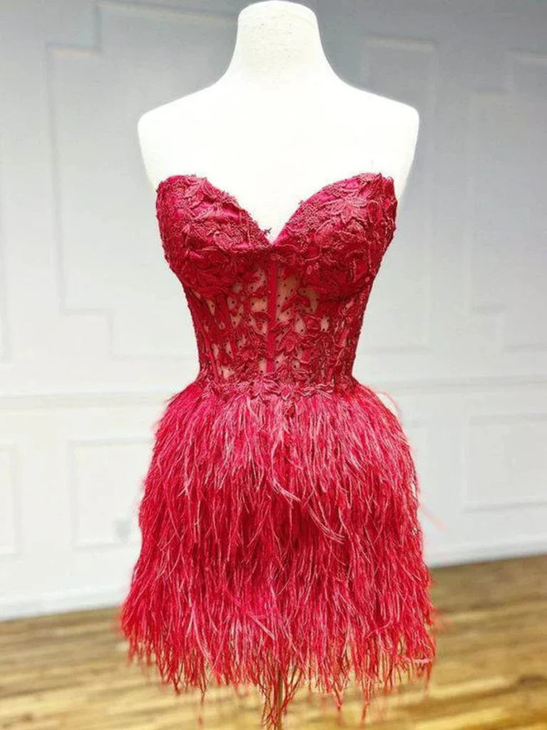 Strapless Beaded Burgundy/Pink/Black Lace Feather Short Prom Dresses, Burgundy/Pink/Black Lace Homecoming Dresses, Burgundy/Pink/Black Formal Graduation Evening Dresses nv1480