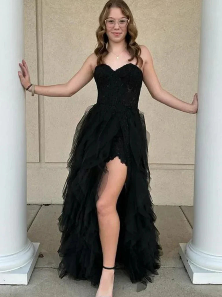 Strapless Black Lace Long Prom Dresses with High Slit, Black Lace Ruffle Formal Dresses, Black Evening Dresses nv1509