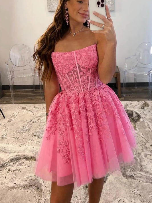 Strapless Hot Pink Lace Prom Dresses, Hot Pink Lace Homecoming Dresses, Short Hot Pink Formal Graduation Evening Dresses  nv1487