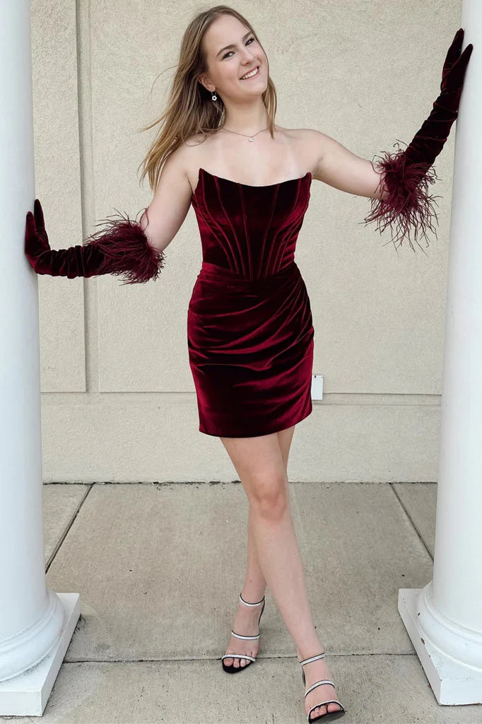 Strapless Mermaid Burgundy Velvet Short Prom Dress Mermaid Wine Red Homecoming Dress Burgundy Velvet Formal Evening Dress  nv1568