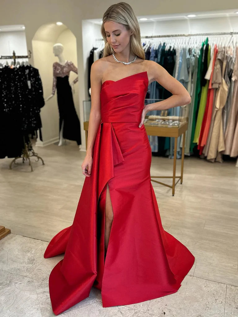 Strapless Mermaid Red Long Prom Dresses with High Slit, Mermaid Red Formal Dresses, Red Evening Dresses nv1508