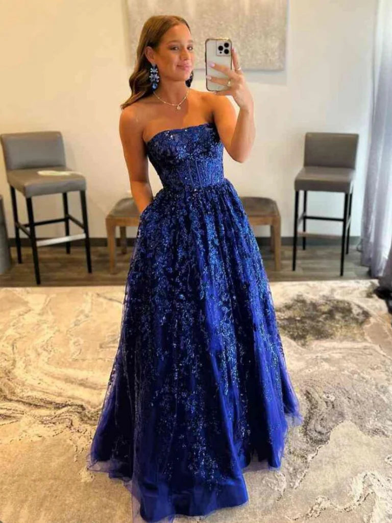 Strapless Navy Blue Lace Long Prom Dresses Evening Dresses with Pocket nv1558