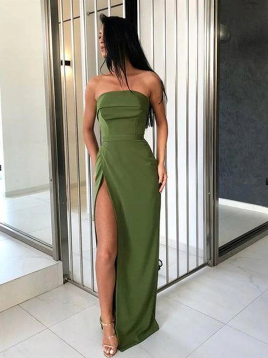 Strapless Sheath Column Green Prom Dress, Simple Green Formal Graduation Dress with Slit nv1679