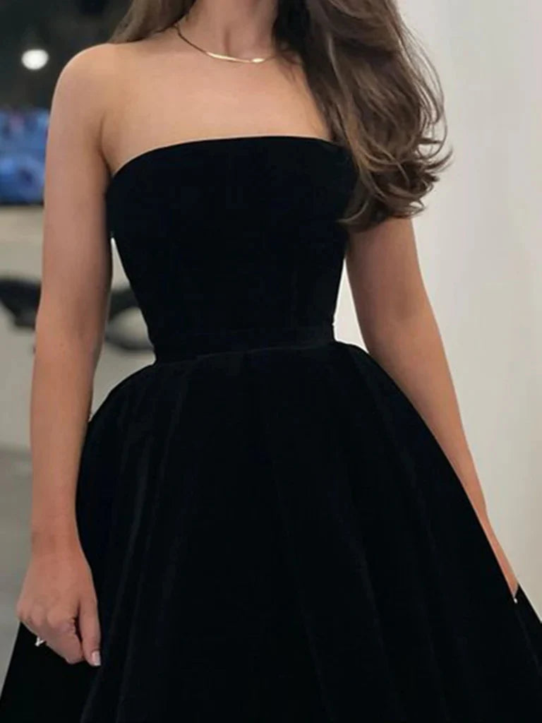 Strapless Tea Length Black Velvet Prom Dresses, Black Velvet Homecoming Dresses, Black Formal Evening Dresses nv1512