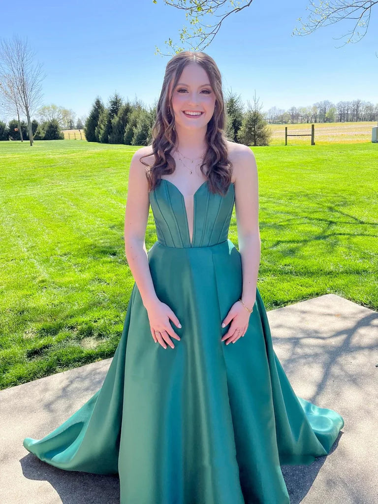 Strapless V Neck Green Long Prom Dresses, V Neck Green Formal Dresses, Green Evening Dresses with Train nv1504