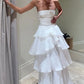 Strapless White Pleated Layers Long Prom Dress Sleeveless Evening Gown  nv1596