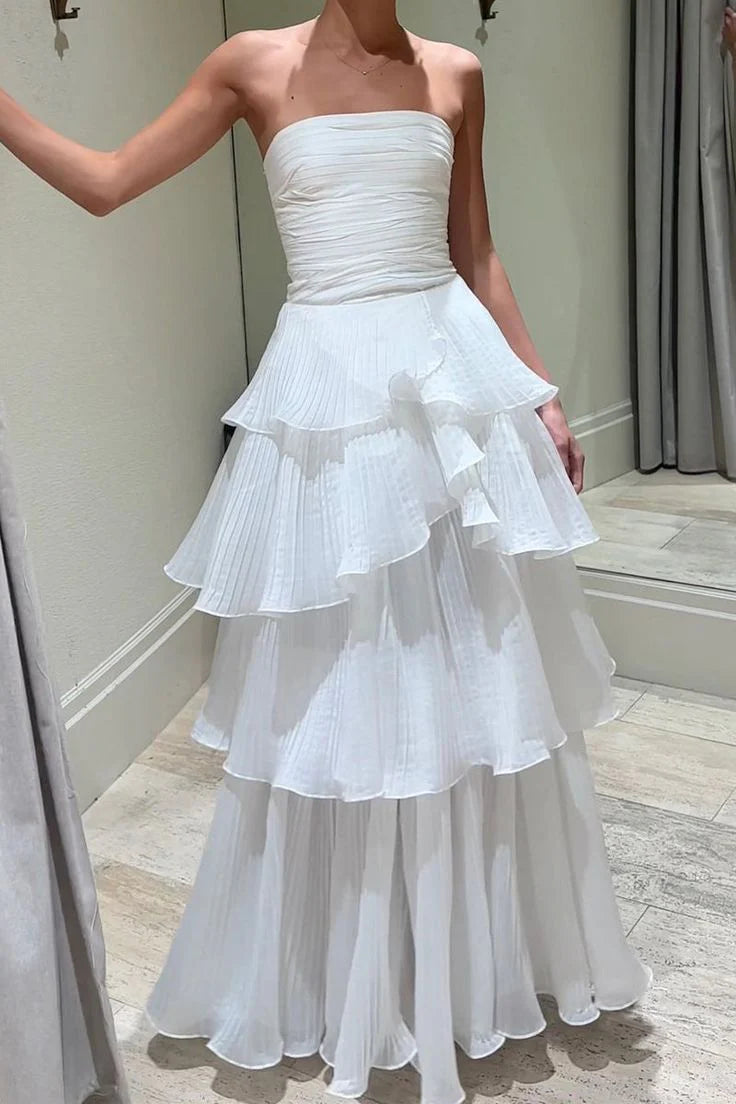 Strapless White Pleated Layers Long Prom Dress Sleeveless Evening Gown  nv1596