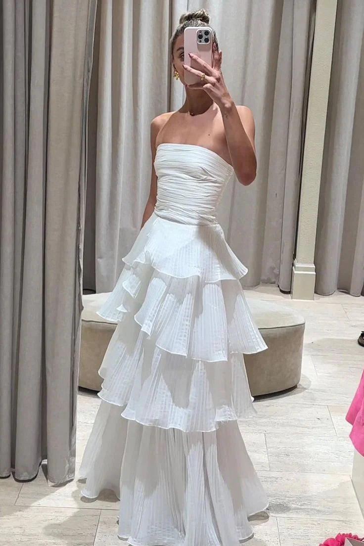 Strapless White Pleated Layers Long Prom Dress Sleeveless Evening Gown  nv1596