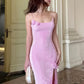 Pink Rose Sexy Suspender Backless Long Dress Women Fashion High Waist Slim Slit Sleeveless Robe Evening Dress Misunderstanding Dress nv1865