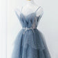 Blue gorgeous shiny elegant applique long tulle ball gown evening gown graduation dress nv55