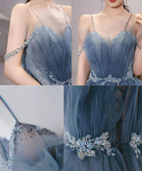 Robe de soirée longue en tulle bleu magnifique et brillante avec appliques élégantes nv55