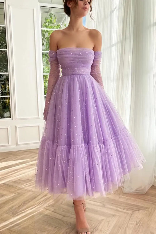 Sparkly Tulle Prom Dresses for Sweet  Dress Tea Length Formal Evening Dress Sheer Mesh Party Ball Gown nv1643