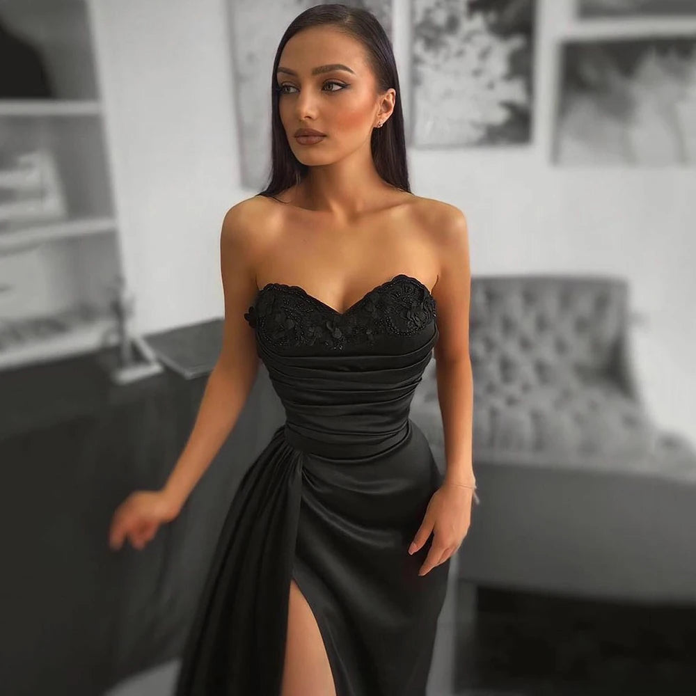 Black Satin Lace Strapless Sexy High Slit Charming Evening Dresses nv1633