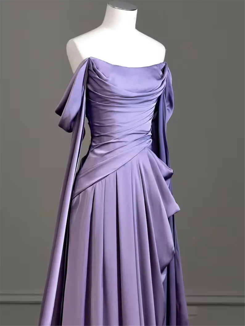 Elegant A Line Purple Satin Long Prom Dresses Formal Party Gown nv1644