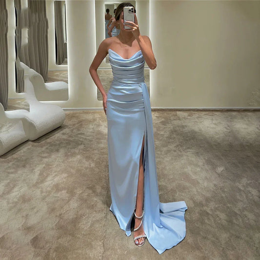 Light Blue Strpless Mermaid Evening Dresses Pleat Stain Prom Dressesnv1651