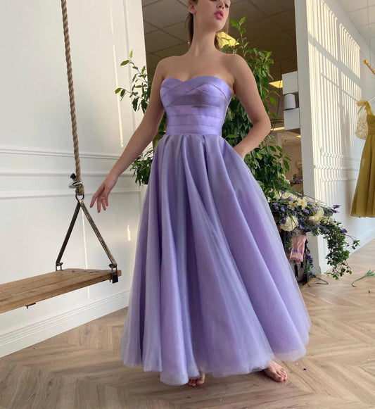 Satin Lavender Sweetheart Evening Prom Dress A LIne Tulle Party Gowns Ankle Length graduation robes nv1635