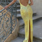 Yellow shiny elegant V-neck long sequined ball gown evening dress party dress birthday dress nv3375