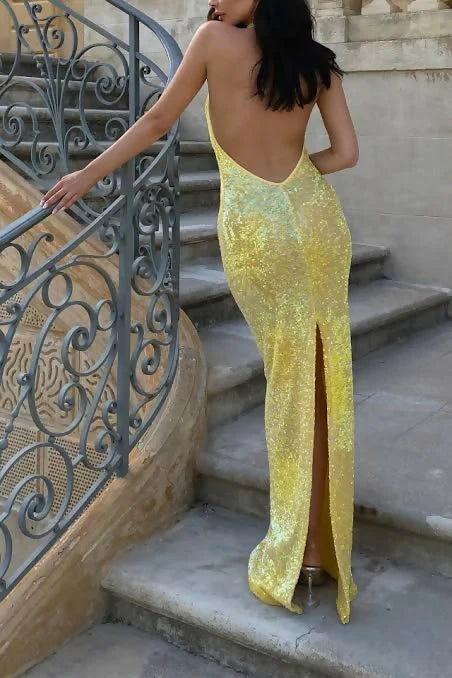 Yellow shiny elegant V-neck long sequined ball gown evening dress party dress birthday dress nv3375