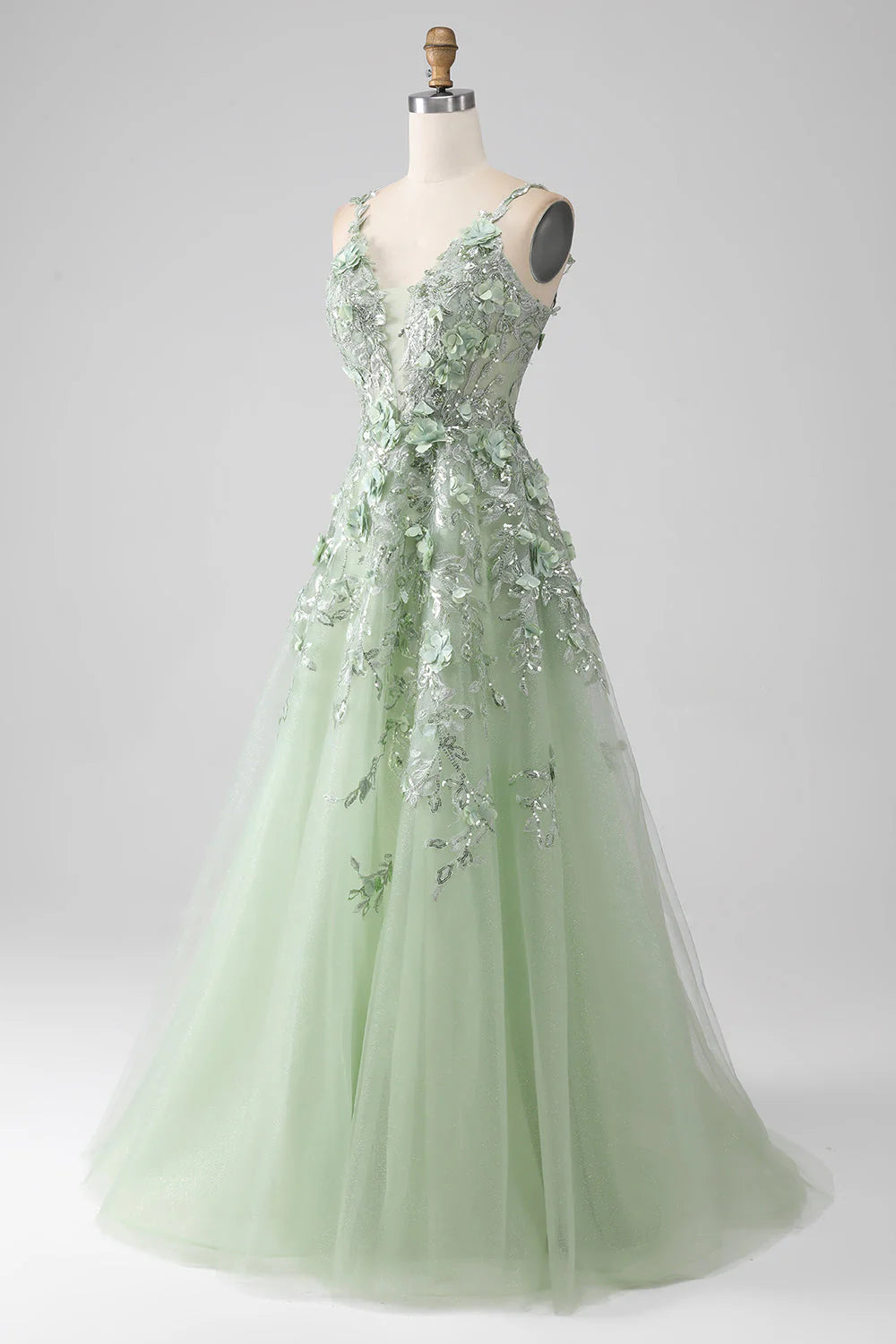 Sage A-Line Long Corset Appliqued Prom Dress  nv1595