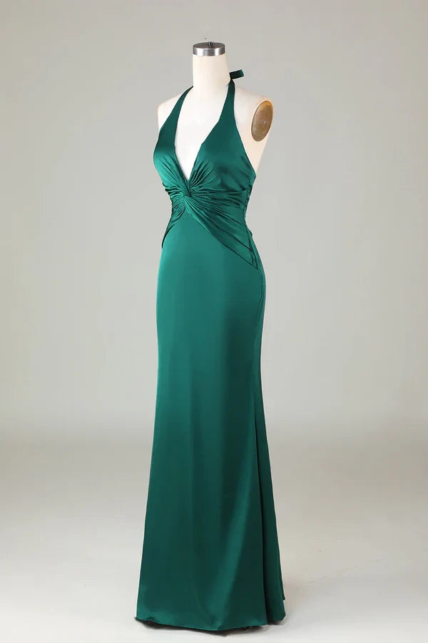 Robe de demoiselle d'honneur longue en satin vert sexy dos nu col en V profond sirène robes de bal robes de soirée nv1986