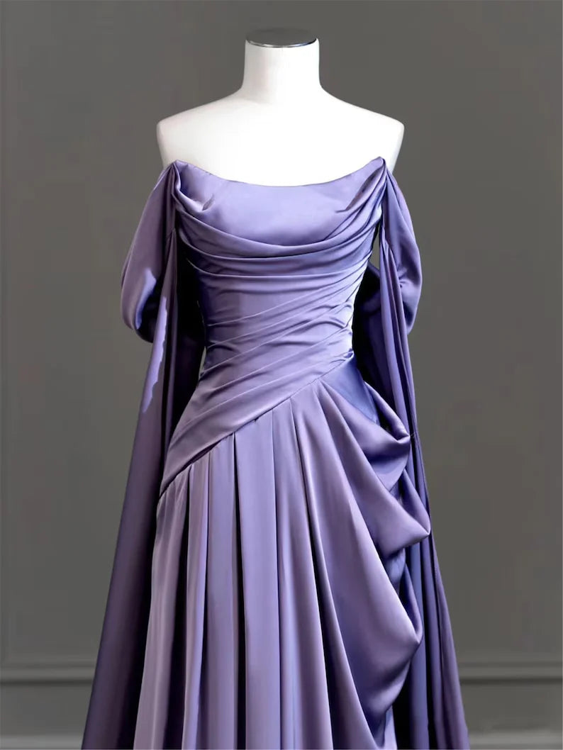 Elegant A Line Purple Satin Long Prom Dresses Formal Party Gown nv1644