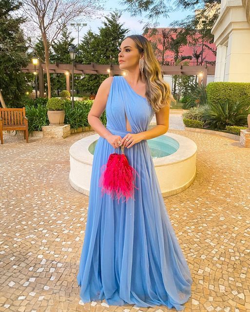 Blue simple elegant one shoulder off the shoulder long tulle ball gown evening dress party dress nv2480