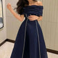 Blue simple elegant short-sleeved one-shoulder pleated long ball gown evening dress party dress nv2521