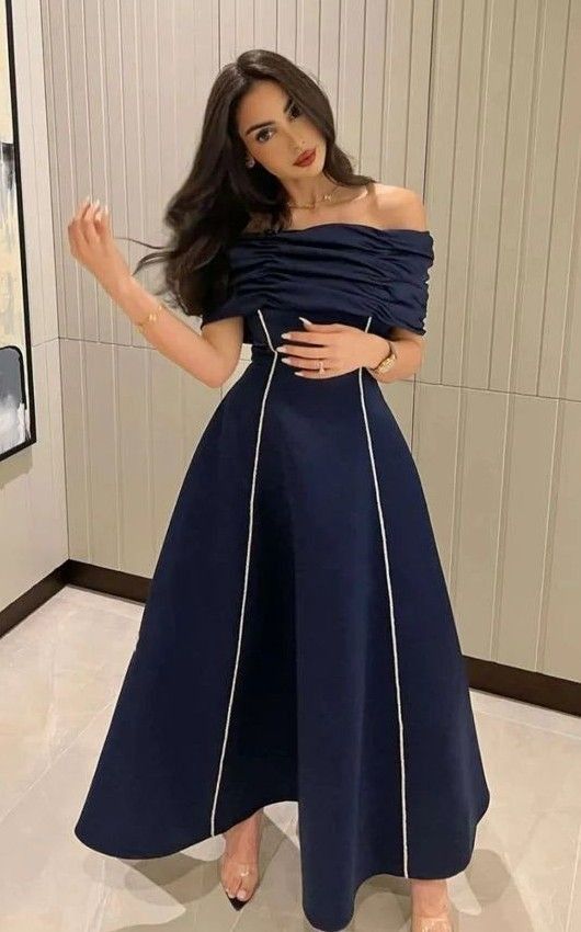 Blue simple elegant short-sleeved one-shoulder pleated long ball gown evening dress party dress nv2521