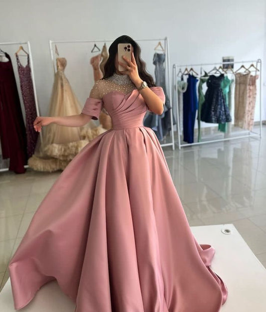 Pink Shiny Sequins Long Elegant Satin Prom Dress Evening Dress Graduation Dress nv2986