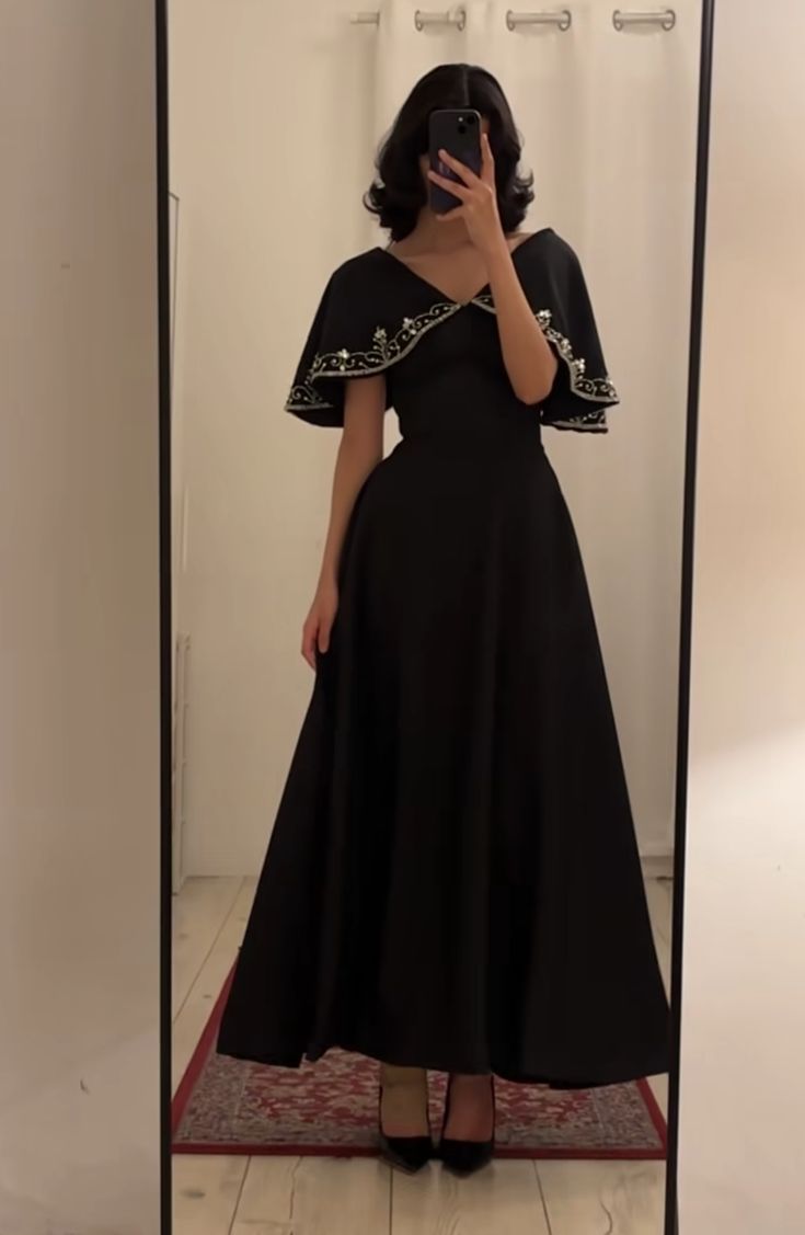 Black simple elegant cape style embroidered long ball gown evening dress party dress nv2421