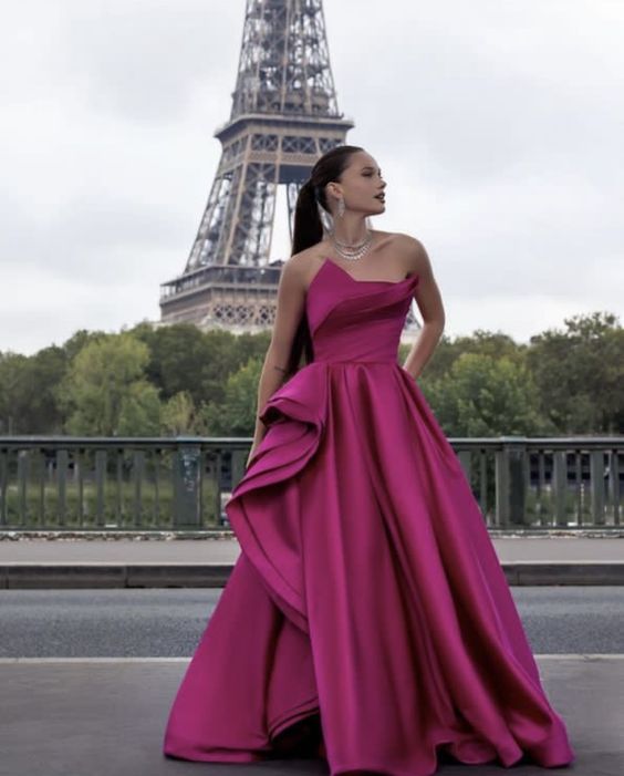 Robe de soirée longue en satin fuchsia sans manches, simple et élégante, coupe trapèze, nv2341