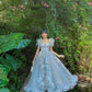 White colorful spots ruffle puff sleeve tulle long evening dress garden party dress nv2886