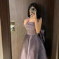 Purple Wide Straps Back Bow Elegant Midi Satin Ball Gown Evening Dress Party Dress Homecoming Dress nv3175