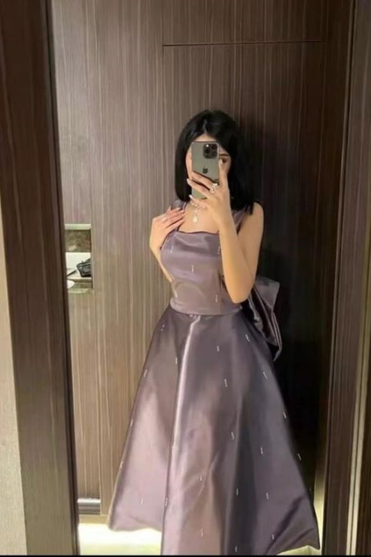 Purple Wide Straps Back Bow Elegant Midi Satin Ball Gown Evening Dress Party Dress Homecoming Dress nv3175