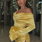 Robe de soirée courte en satin jaune à épaules dénudées nv2313