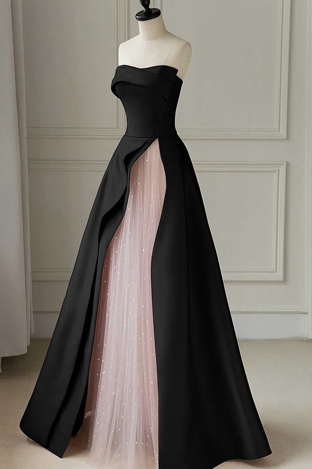 Black off-shoulder stylish elegant long satin tulle ball gown evening dress nv3183