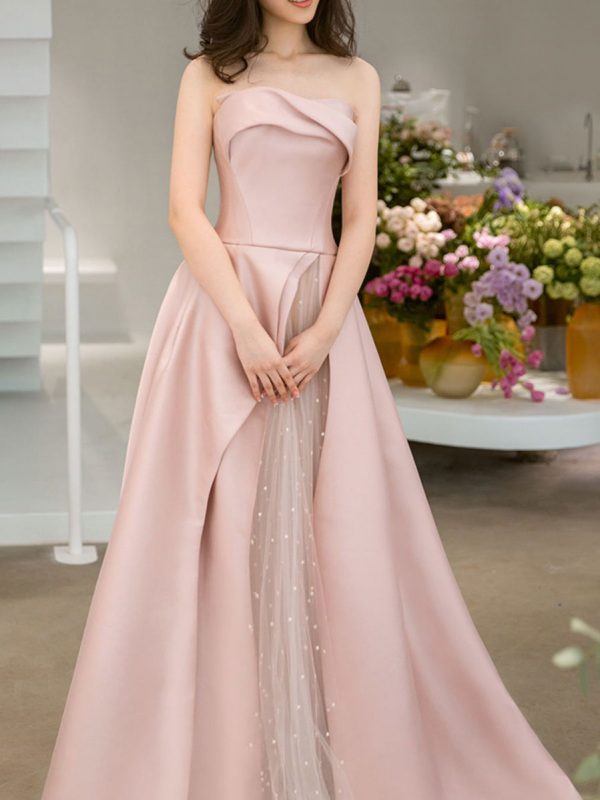 Robe de soirée longue en satin rose élégante et charmante, en tulle, pour demoiselle d'honneur, nv2467