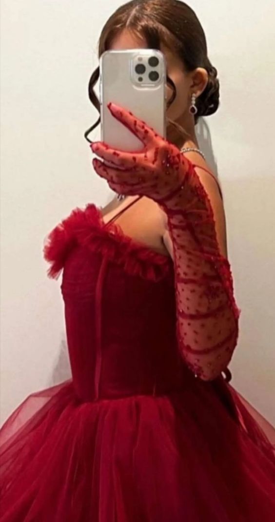 Rotes sexy langes Hosenträger-Tüll-Ballkleid, Abendkleid, Partykleid, NV2236