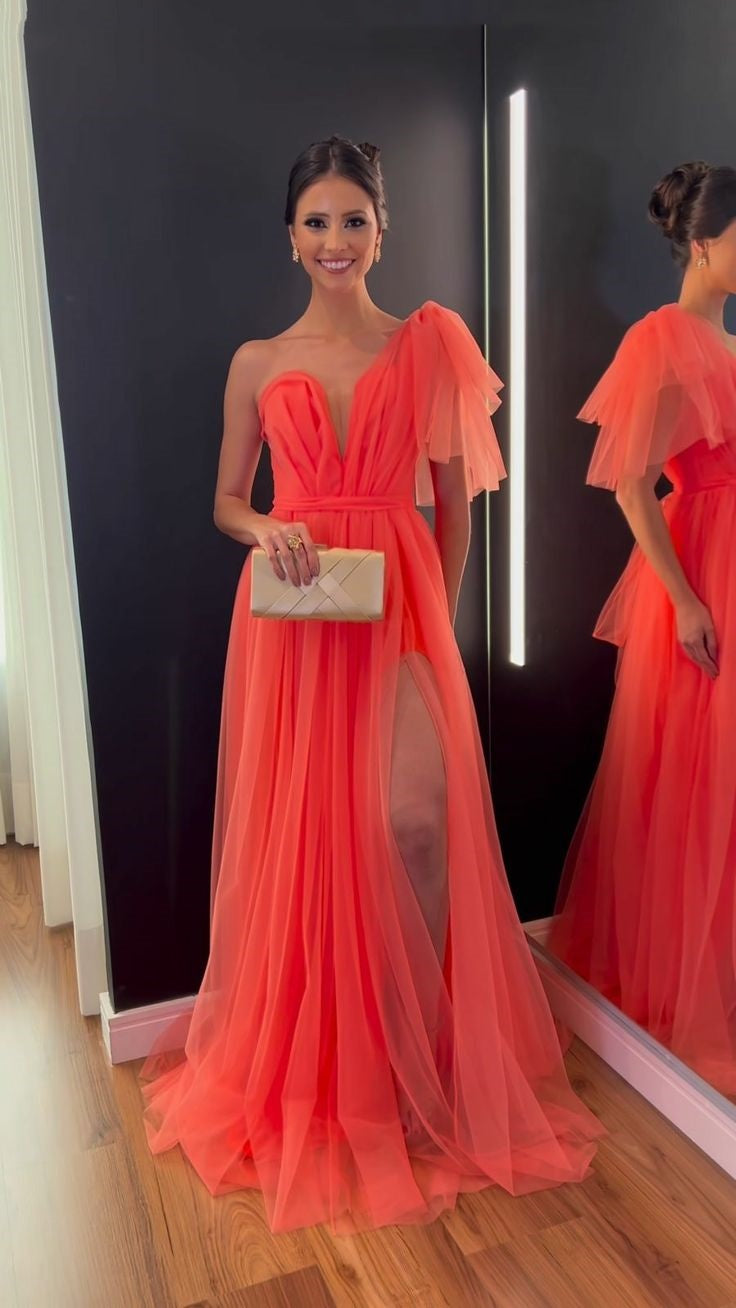 Orange Red One Shoulder Fashion Long Slit Ball Gown Evening Dress nv2981