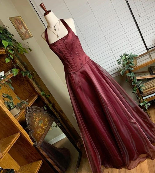 Burgundy Vintage Elegant Beaded Long Prom Dress Evening Gown Party Dress nv2608