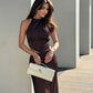 Brown Fashion Elegant Brown Hollow Waist Sleeveless Suspender Long Ball Gown Evening Dress Party Dress nv2513