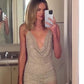 Champagne Sequin Fashion Shiny V-neck Suspender Short Mini Party Dress Evening Dress Birthday Dress nv2280