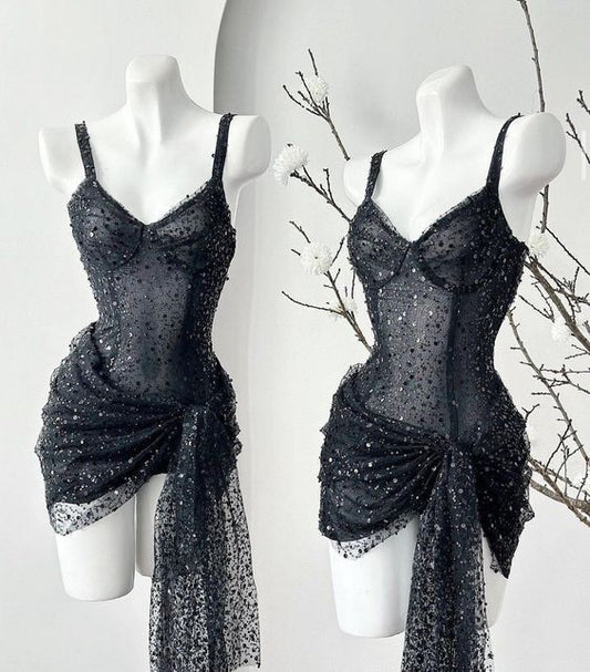 Black Fashion Shiny Sequin Short Homecoming Dress Party Dress nv3024