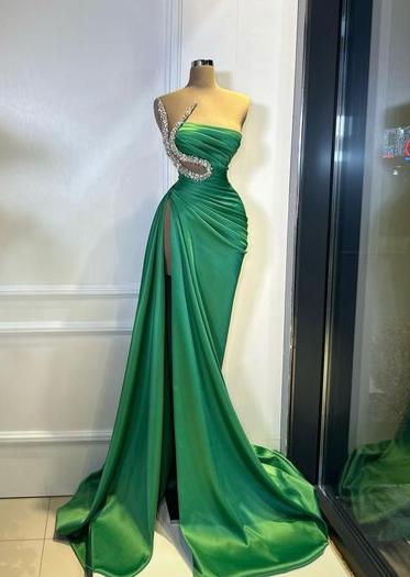 Green gorgeous rhinestone tube top elegant long slit sexy ball gown evening dress nv3129