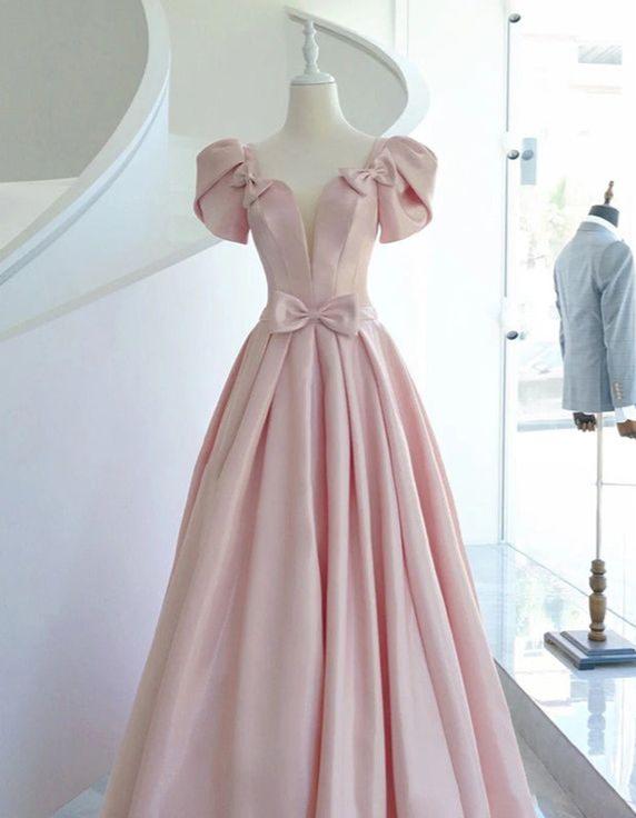 Pink Satin Long Bow Short Sleeves Ball Gown Evening Dress Wedding Party Dress nv2738