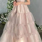 Pink Sweetheart Neck Short Sleeve Off-the-shoulder Long Tulle Evening Dress Princess Dress Formal Floor-length Satin with Pleats nv3151