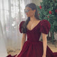 Red V-neck velvet puff sleeves short sleeves beaded A-line dress elegant prom dress graduation dress homecoming dress Christmas party dress nv2380