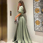 Green A-line elegant short sleeve off-shoulder satin pleated dress formal floor-length ball gown evening gown party dress nv2466