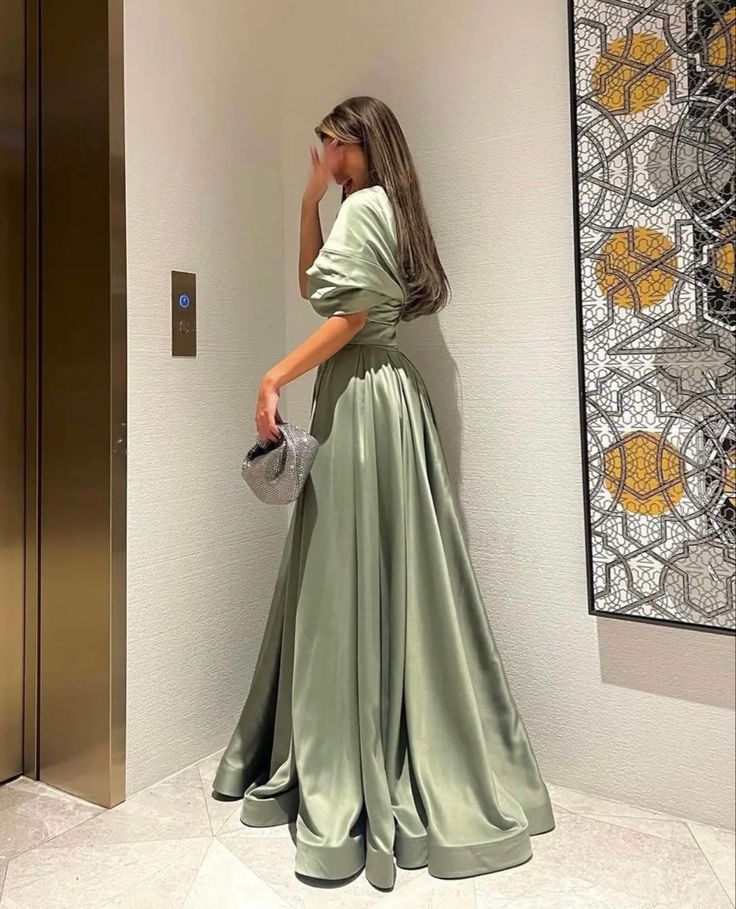 Green A-line elegant short sleeve off-shoulder satin pleated dress formal floor-length ball gown evening gown party dress nv2466